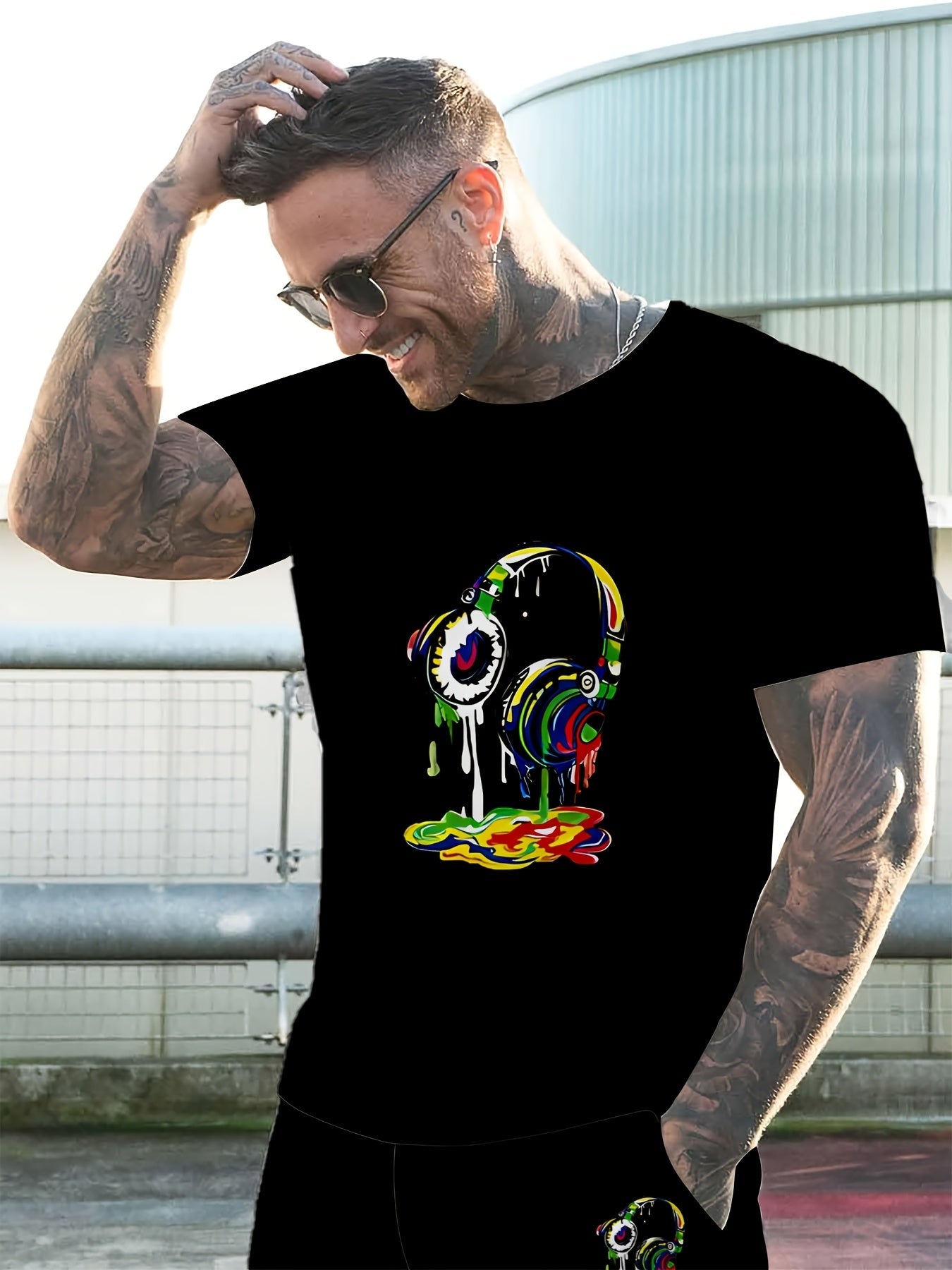 Zwarte Tweedelige Streetwear Set met 3D Graffiti Print