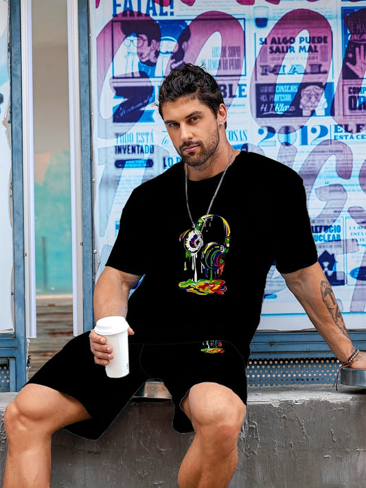 Zwarte Tweedelige Streetwear Set met 3D Graffiti Print