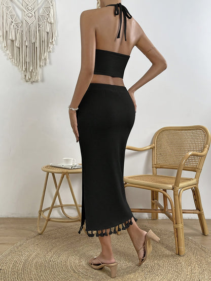 Zwarte Elegante Set Top en Rok met Kwastdetails
