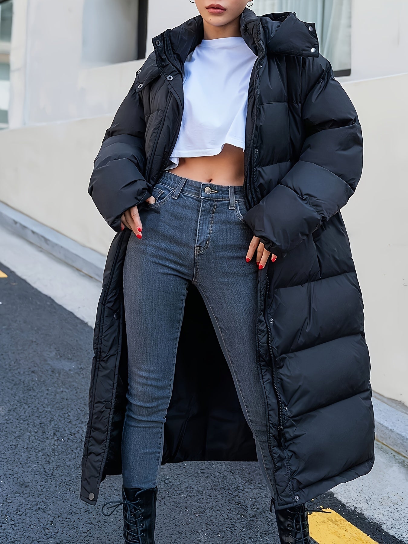 Warme casual lange zwarte gewatteerde jas met capuchon voor dames | Ideaal voor de winter