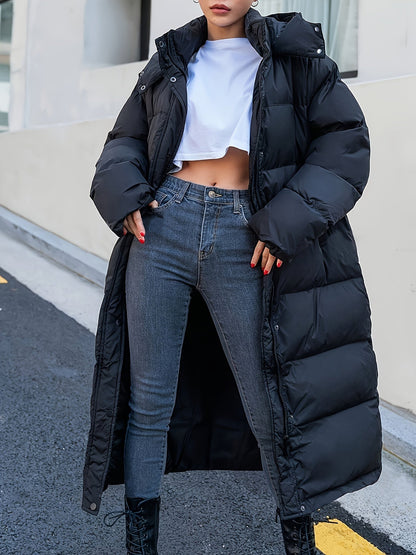 Warme casual lange zwarte gewatteerde jas met capuchon voor dames | Ideaal voor de winter
