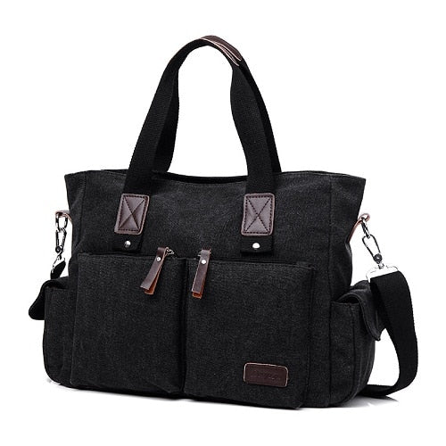 Zwarte canvas draagtas met meerdere zakken casual