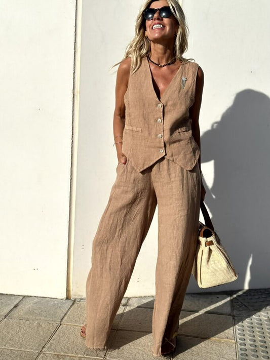Stijlvolle zomerset | bruin linnen gilet en broek tweedelige set voor dames | Ideaal voor lente/zomer