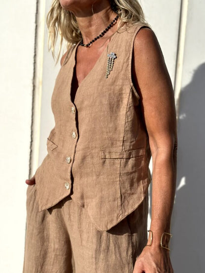 Stijlvolle zomerset | bruin linnen gilet en broek tweedelige set voor dames | Ideaal voor lente/zomer
