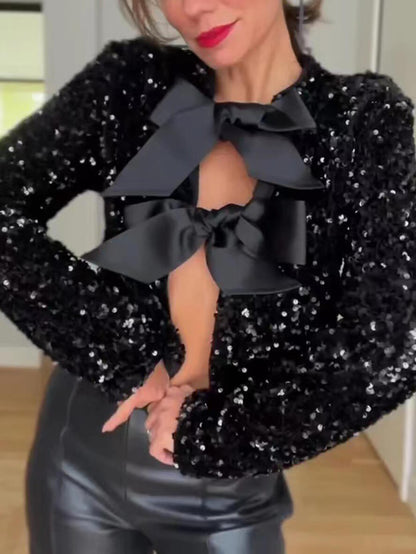 Korte paillettenblazer met strik voor dames | Perfect voor alle seizoenen