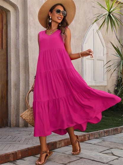 Zomerse Maxi Jurk met V-Hals en Ruches | Diverse Kleuren | Casual Stijl