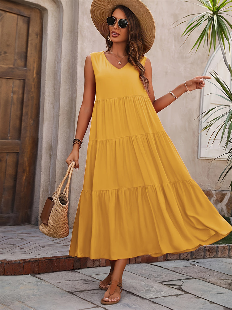 Zomerse Maxi Jurk met V-Hals en Ruches | Diverse Kleuren | Casual Stijl