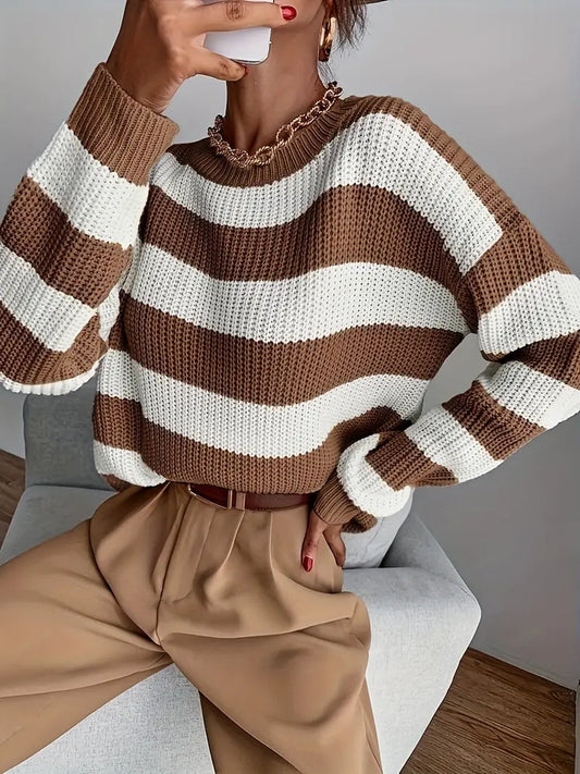 Elegante gebreide trui met gekleurde strepen voor dames, perfect voor de herfst/winter