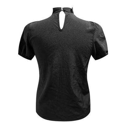 Zwarte mouwloze blouse met hoge kraag en plooien