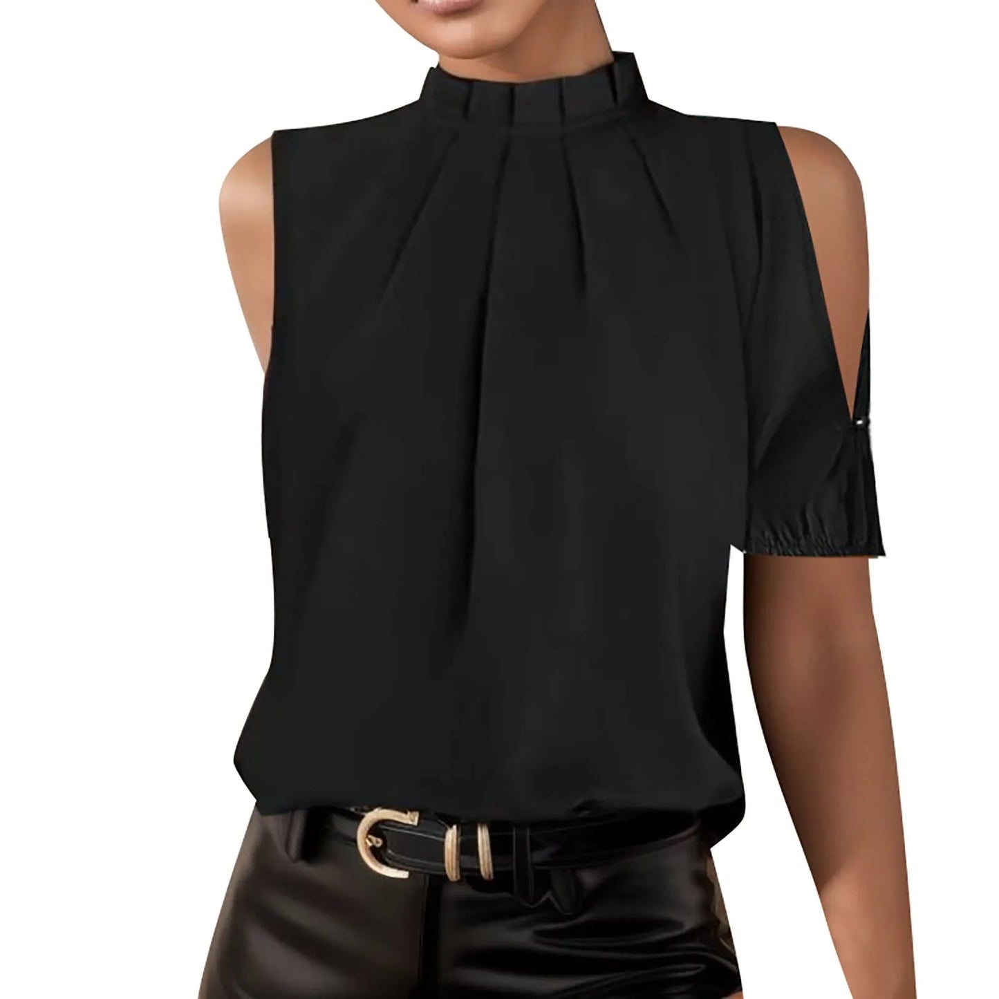 Zwarte mouwloze blouse met hoge kraag en plooien