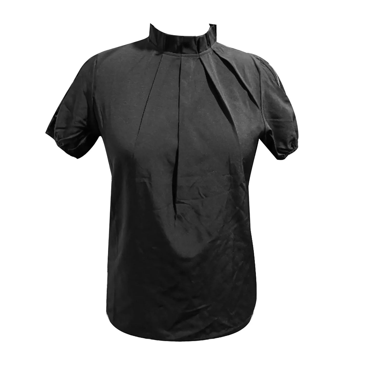 Zwarte mouwloze blouse met hoge kraag en plooien