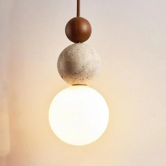 Moderne hanglamp van travertijn en mahoniehout met ledverlichting voor eettafel of woonkamer