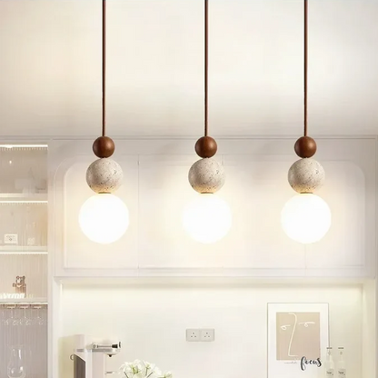 Moderne hanglamp van travertijn en mahoniehout met ledverlichting voor eettafel of woonkamer