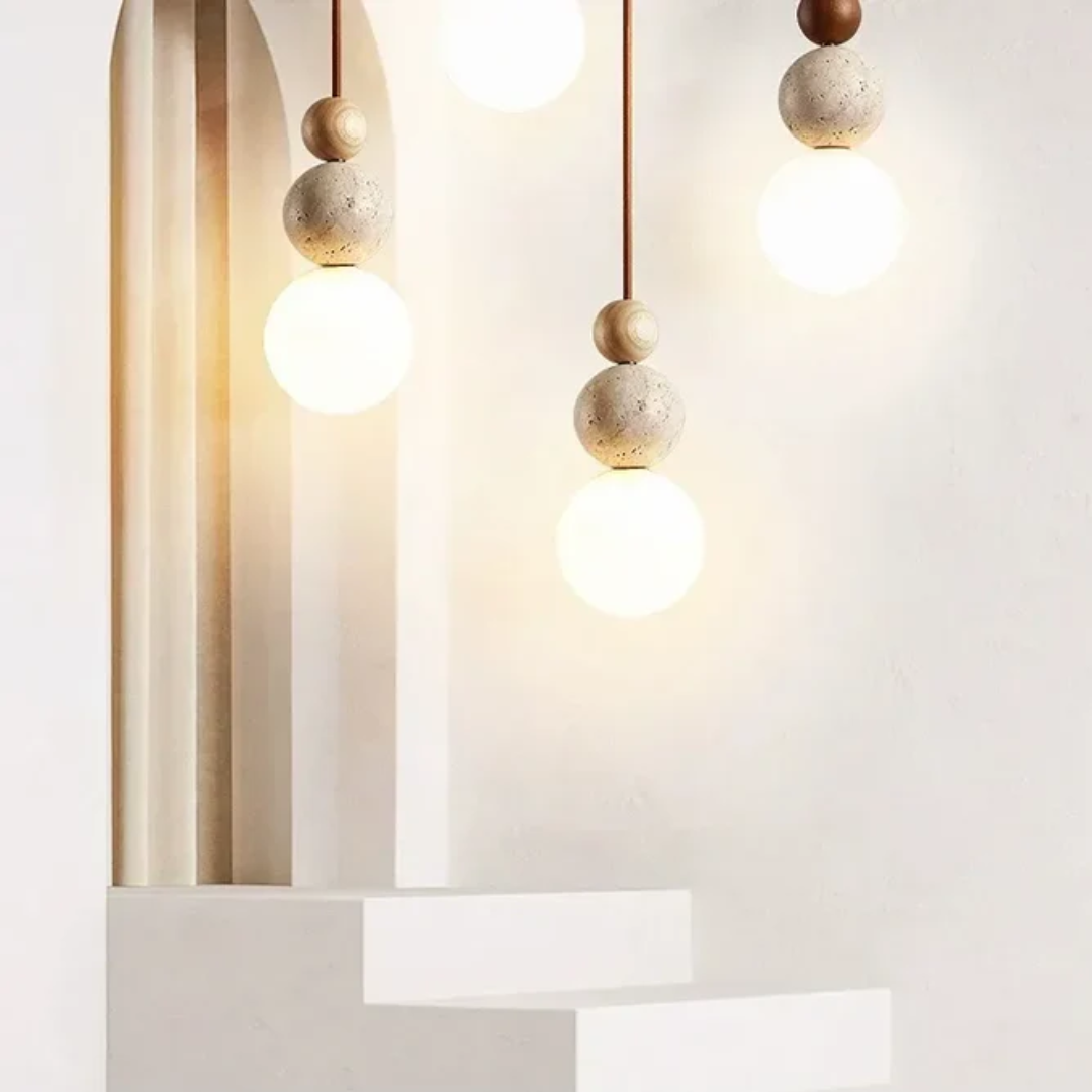 Moderne hanglamp van travertijn en mahoniehout met ledverlichting voor eettafel of woonkamer
