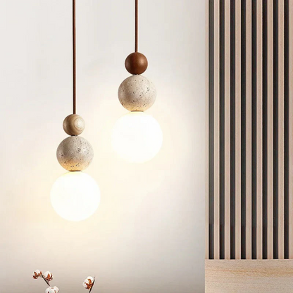 Moderne hanglamp van travertijn en mahoniehout met ledverlichting voor eettafel of woonkamer