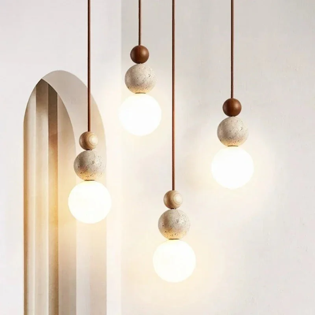 Moderne hanglamp van travertijn en mahoniehout met ledverlichting voor eettafel of woonkamer