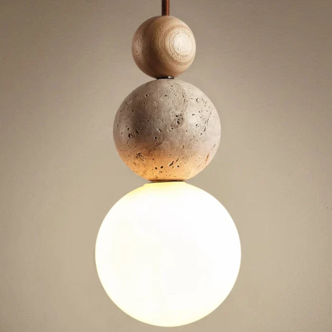 Moderne hanglamp van travertijn en mahoniehout met ledverlichting voor eettafel of woonkamer