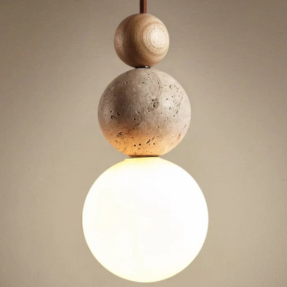 Moderne hanglamp van travertijn en mahoniehout met ledverlichting voor eettafel of woonkamer