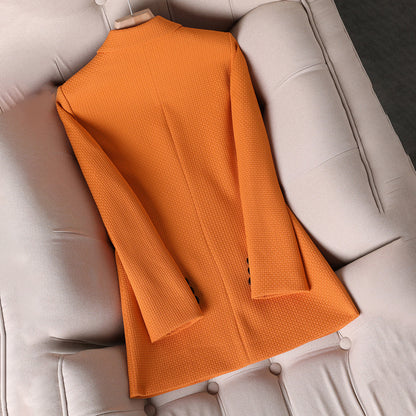Schicks Oranje Knoop Blazer Met Zakken En Textuur Stof Voor Vrouwen | Ideaal Voor Alle Seizoenen
