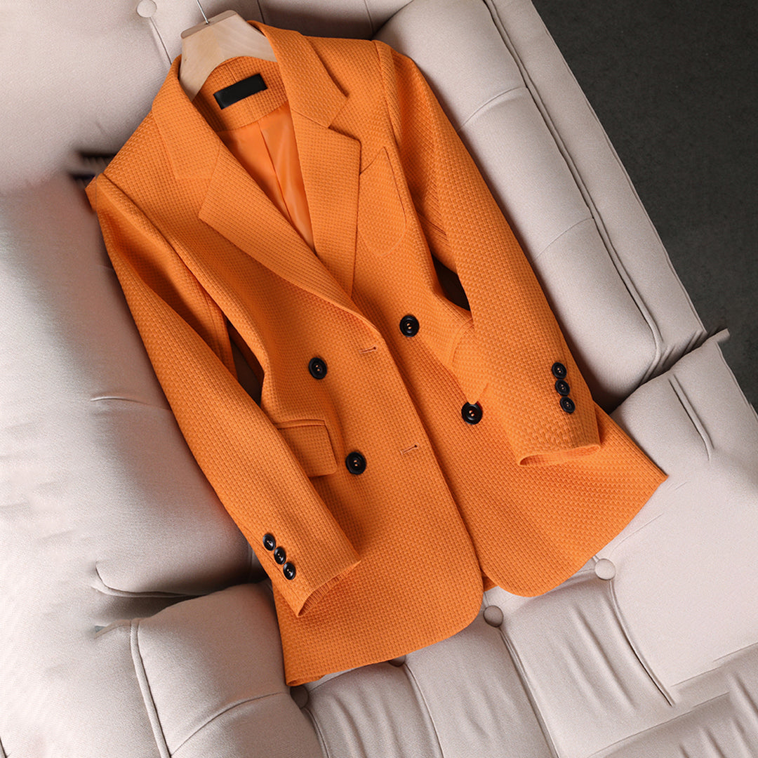 Schicks Oranje Knoop Blazer Met Zakken En Textuur Stof Voor Vrouwen | Ideaal Voor Alle Seizoenen