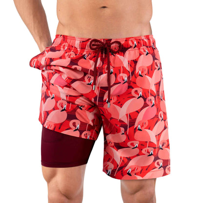 Zwembroek heren flamingo print met binnenbroek casual
