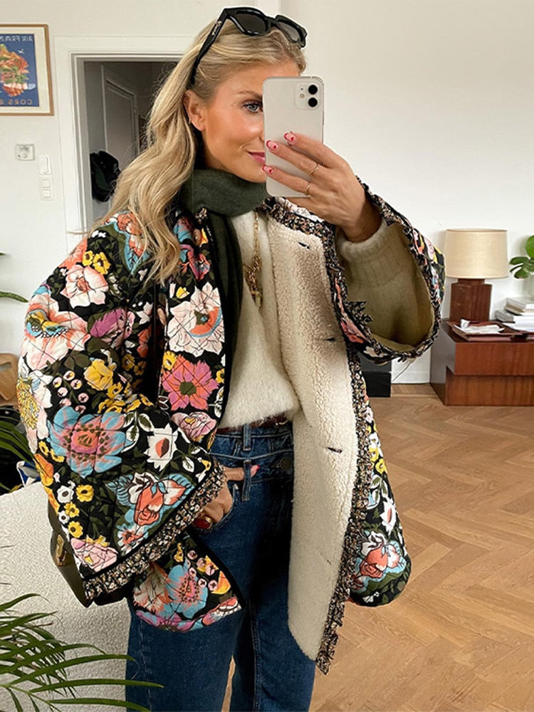 Elegante Warme Vrouwen Puffer Winterjas met Bloemenpatroon | Perfect voor Herfst/Winter