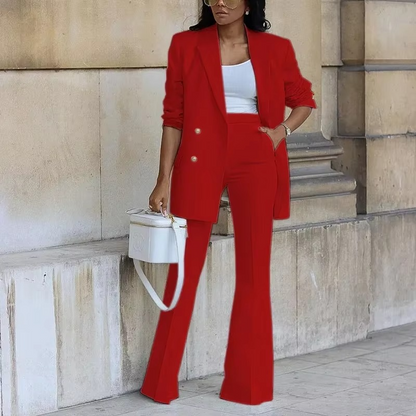 Elegante blazer met knoopsluiting en wijde broek voor dames - Tweedelig ensemble voor alle seizoenen