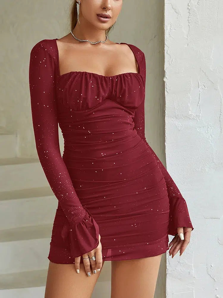 Zwarte lovertjes mini-jurk met lange mouwen elegant