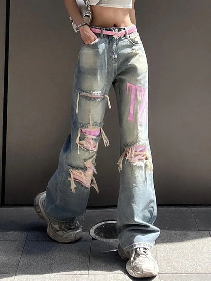 Vintage Style Wijde Blauwe Gescheurde Jeans Dames – De Perfecte Casual Must-Have!
