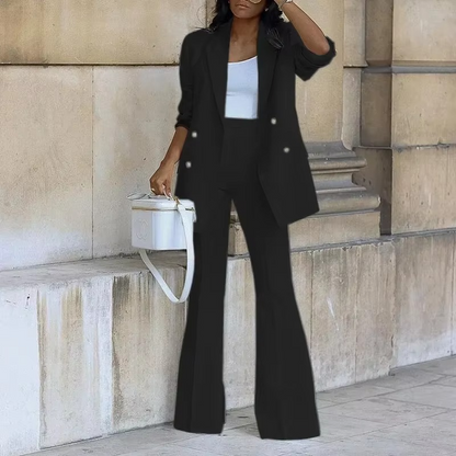 Elegante blazer met knoopsluiting en wijde broek voor dames - Tweedelig ensemble voor alle seizoenen