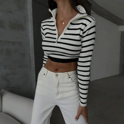 Zwart-wit gestreepte trui met rits casual stijl
