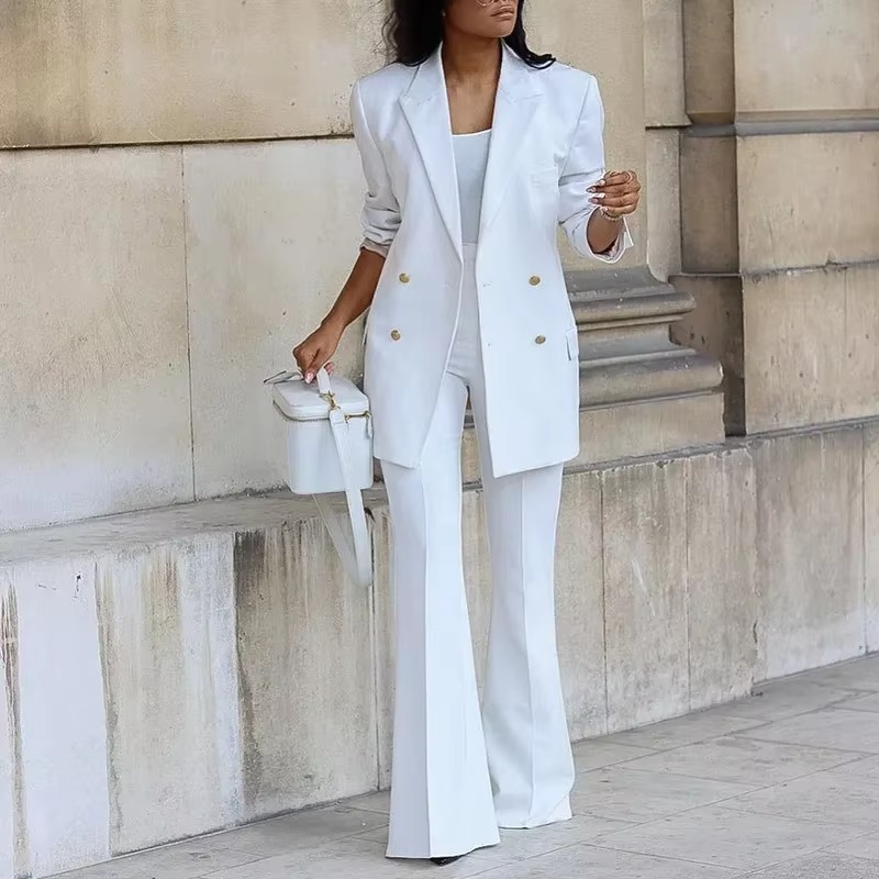 Elegante blazer met knoopsluiting en wijde broek voor dames - Tweedelig ensemble voor alle seizoenen