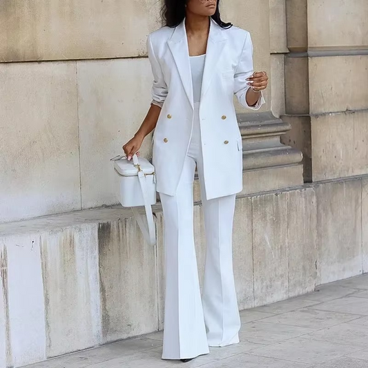 Elegante blazer met knoopsluiting en wijde broek voor dames - Tweedelig ensemble voor alle seizoenen