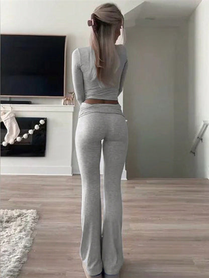 Comfortabele Tweedelige Set: Bodycon Top en Flare Broek – Perfect voor Lente en Herfst