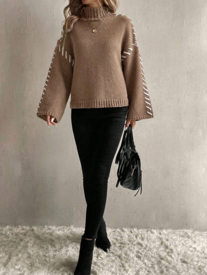 Vrouwen Patchwork Gebreide Trui met Contrasterende Kleuren en Turtleneck | Casual Chic voor Dagelijks Gebruik