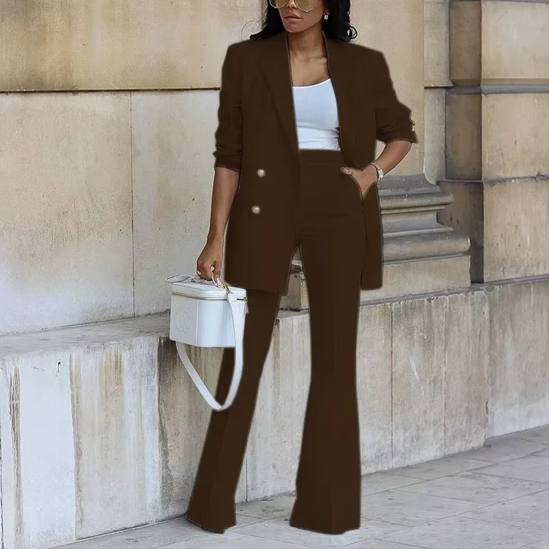 Elegante blazer met knoopsluiting en wijde broek voor dames - Tweedelig ensemble voor alle seizoenen
