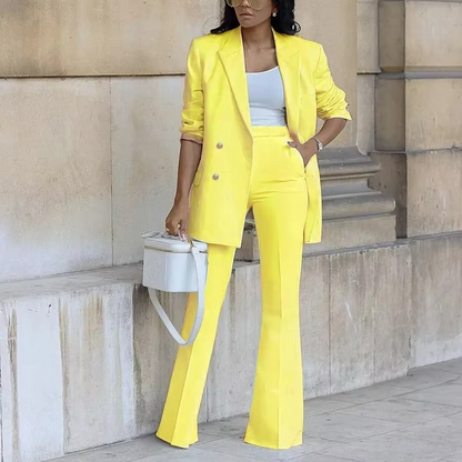 Elegante blazer met knoopsluiting en wijde broek voor dames - Tweedelig ensemble voor alle seizoenen