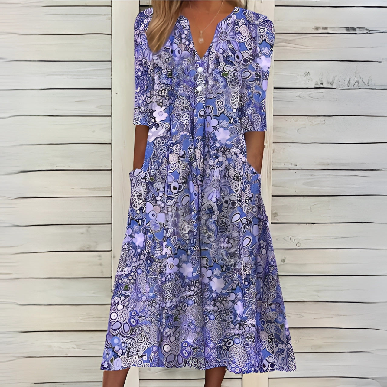 Chic Bloemige Midi Zomerjurk met 3/4 Mouwen