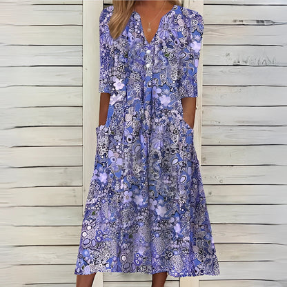 Chic Bloemige Midi Zomerjurk met 3/4 Mouwen