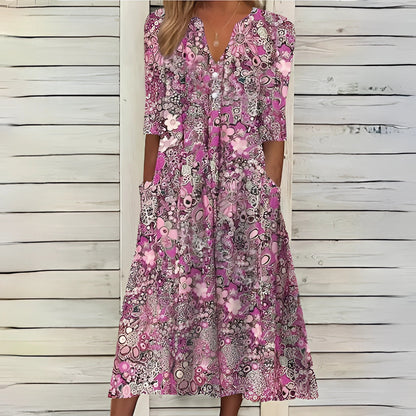 Chic Bloemige Midi Zomerjurk met 3/4 Mouwen