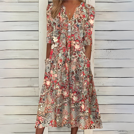 Chic Bloemige Midi Zomerjurk met 3/4 Mouwen