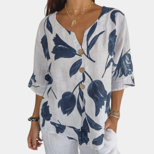 Blauwe Linnen Zomerblouse Met Bloemenprint