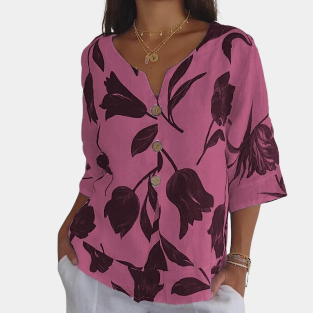 Blauwe Linnen Zomerblouse Met Bloemenprint
