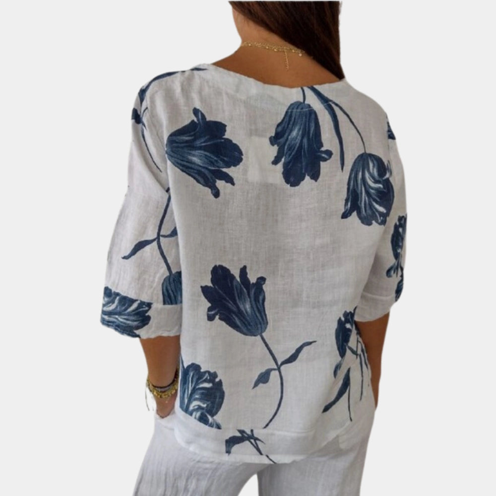 Blauwe Linnen Zomerblouse Met Bloemenprint