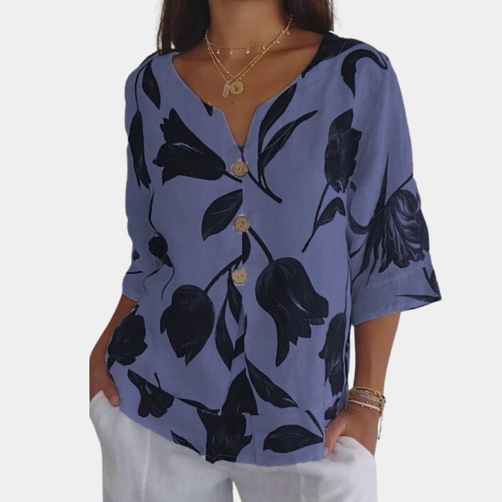 Blauwe Linnen Zomerblouse Met Bloemenprint