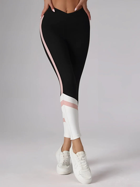 Zwarte hoge taille yogabroek met roze streep ademend