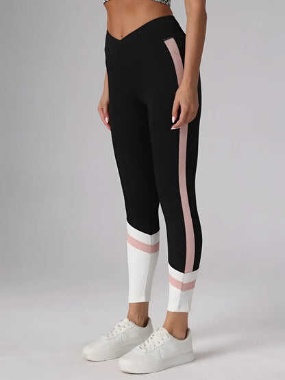 Zwarte hoge taille yogabroek met roze streep ademend