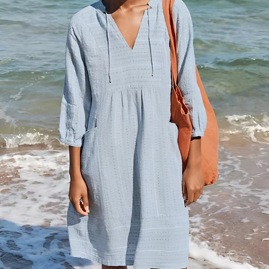 Blauwe katoenen V-hals zomerjurk middellang strandstijl