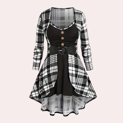 Zwart Wit Geruit Skaterjurkje Dames Lange Mouwen Elegant