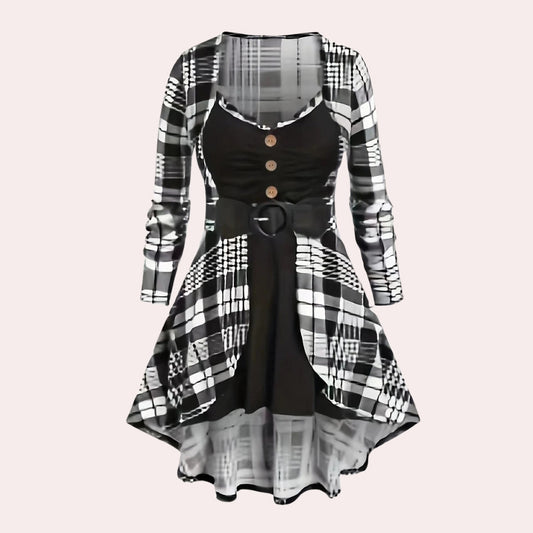Zwart Wit Geruit Skaterjurkje Dames Lange Mouwen Elegant
